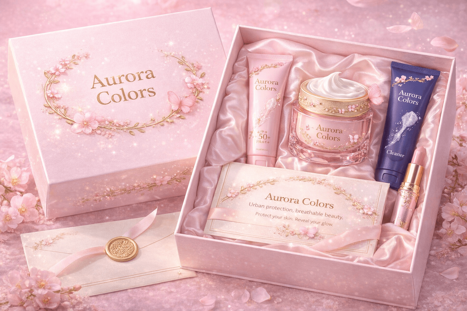 Linha Aurora Colors em composição editorial rose e produtos